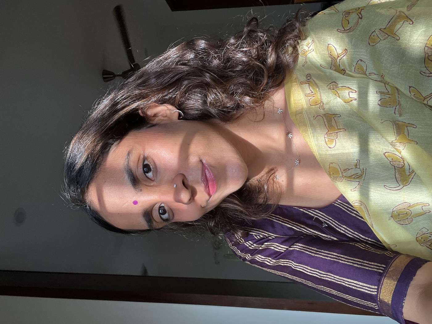 Vaidehi, founder of all things good, in a dog-motif saree